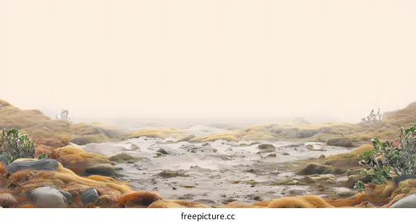 Misty Mountain Landscape with Lush Moss and Rocks
