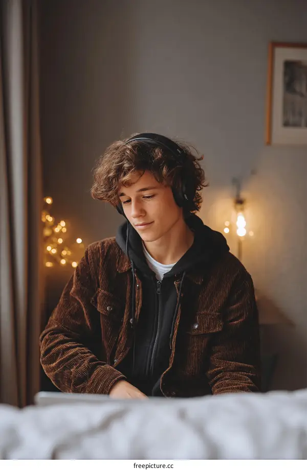 Teenage Boy Listening to Music in Cozy Room