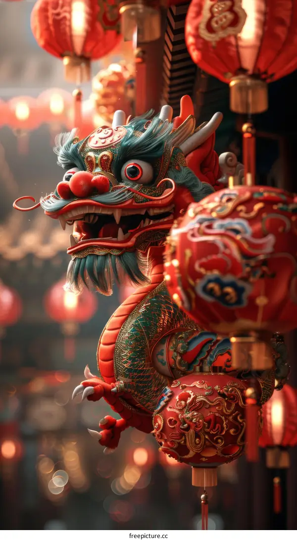 Chinese Dragon with Red Lanterns Celebrating New Year Festival