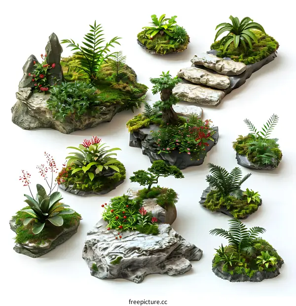 Set of Green Plants in Stone Pots