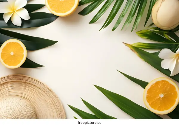 Tropical Summer Fruit and Leaves Flat Lay with White Background