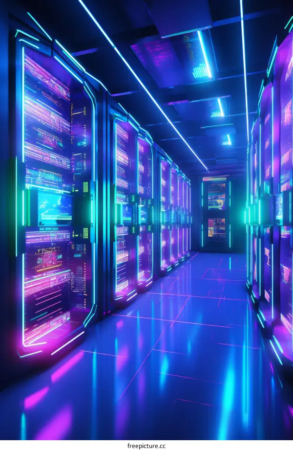 Futuristic glowing neon data center with supercomputers