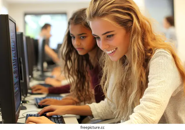 Two Girls Focused on Computer Programming in Class