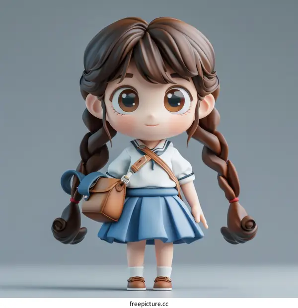 A cute little girl with brown hair and blue eyes wearing a school uniform
