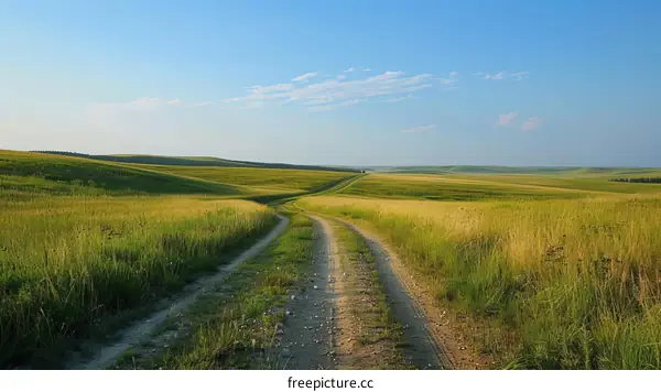 Dirt road through a lush green field
