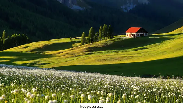 Alpine Meadow Landscape with Cottage