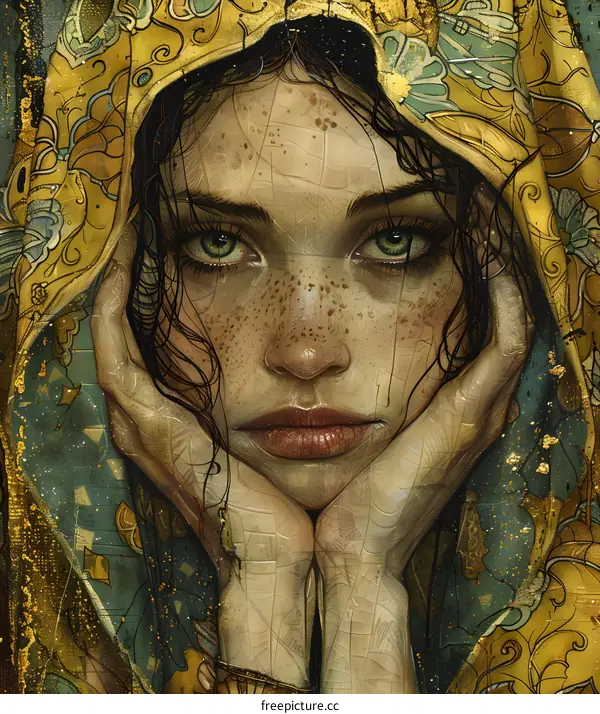 An illustration of a beautiful woman with freckles and green eyes wearing a golden headscarf