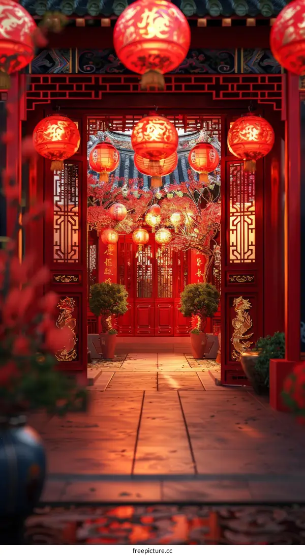 Chinese courtyard with red lanterns