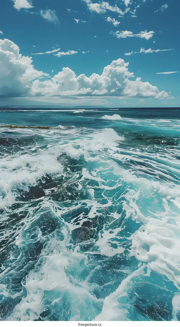 Blue Ocean Water With White Foam Waves