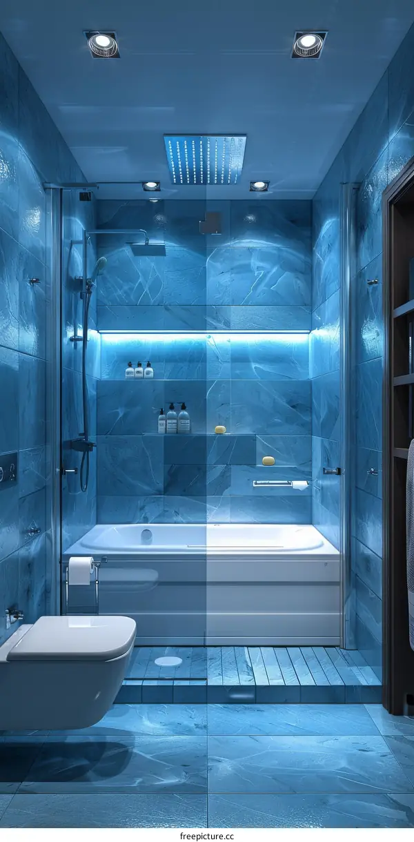 Blue bathroom interior with bathtub and shower