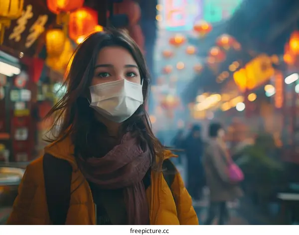 Portrait of a young woman wearing a mask in a busy Asian market
