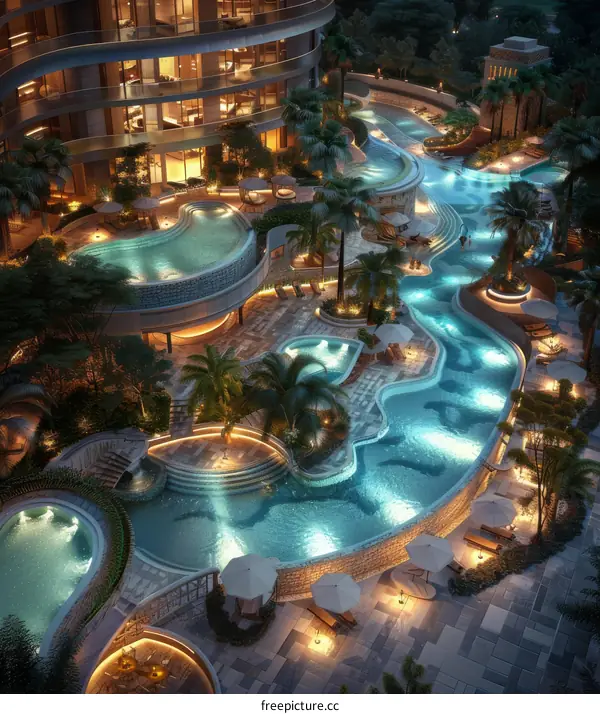 Modern architecture with pools and palm trees