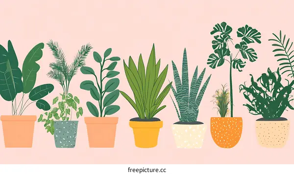Green House Plants in Pots on Pink Background