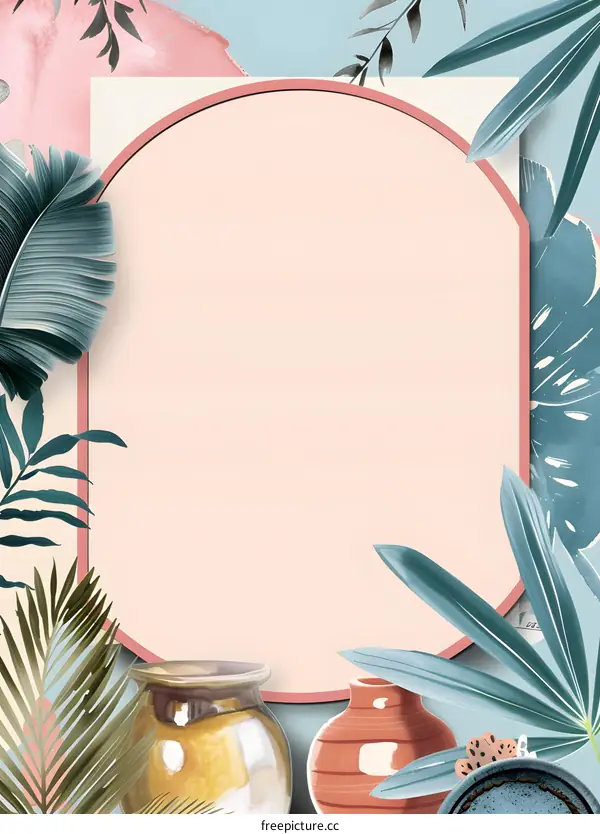 Tropical Leaves Frame Background with Vases and Watercolor