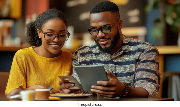 Two young adults using digital devices in a cafe