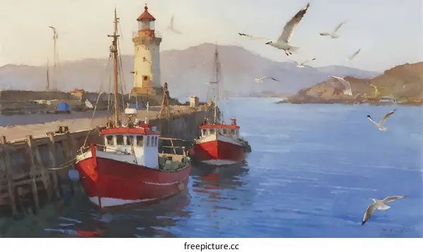 Red fishing boats moored by a lighthouse with seagulls flying around