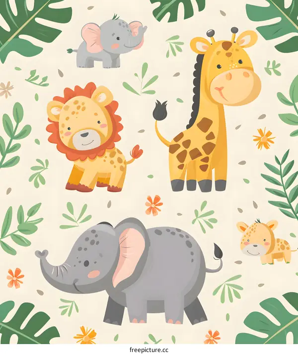 Cute Cartoon Animals Jungle Seamless Pattern