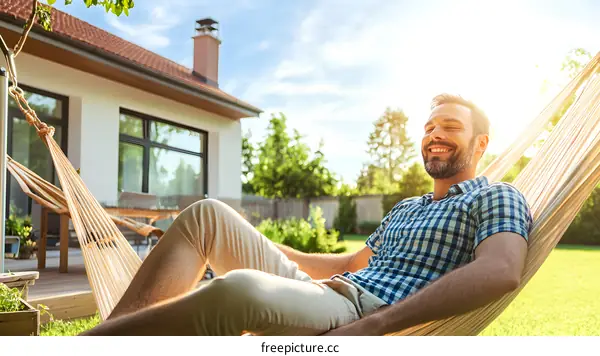 Man Relaxing in Hammock on Patio Backyard