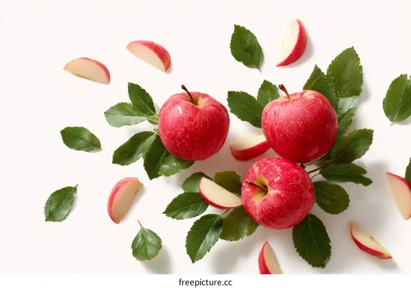 Fresh Red Apples with Green Leaves and Slices Arranged Neatly