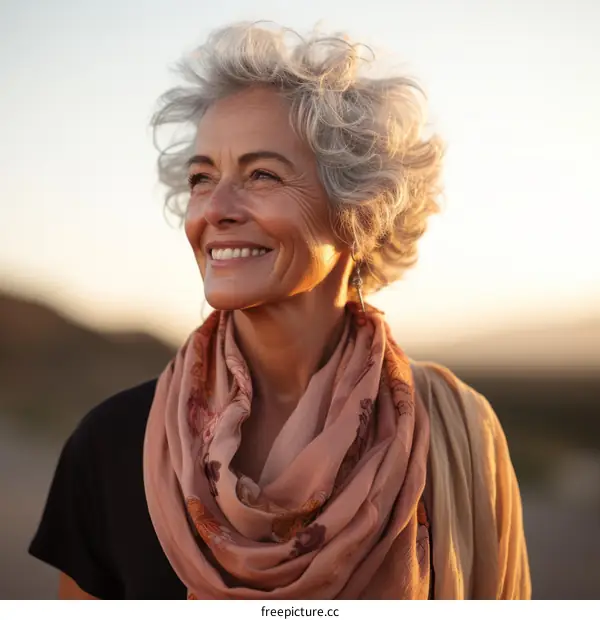 Portrait of a smiling older woman with gray hair wearing a scarf