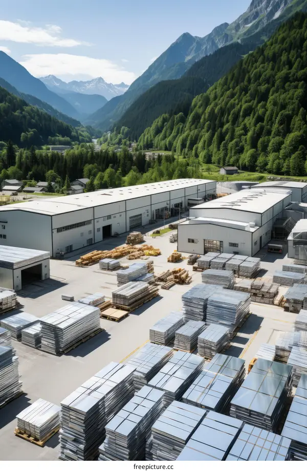 An aerial shot of a factory in the mountains