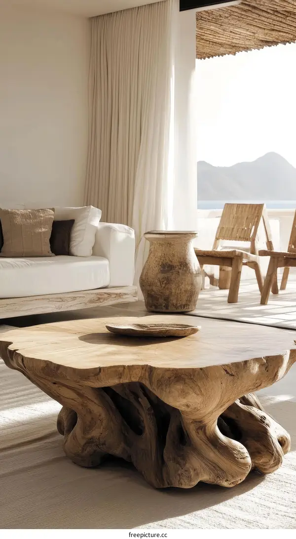 Wooden coffee table in a minimalist living room