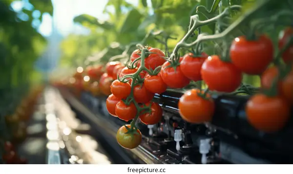 Close-up of ripe tomatoes growing in a greenhouse
