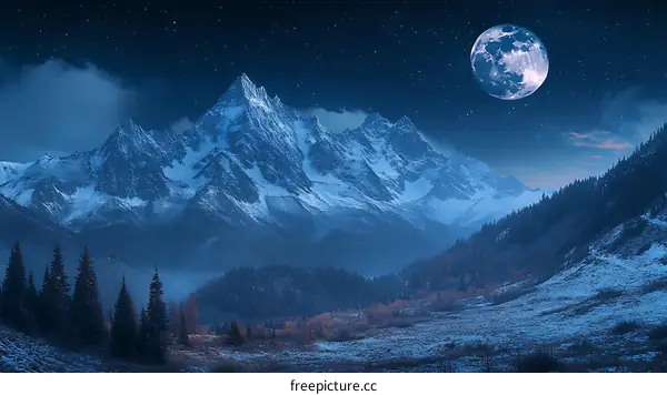 Majestic Snow-Capped Mountains Under a Night Sky with Moon