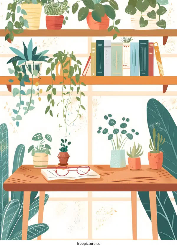 Cozy Home Office Interior With Plants and Books