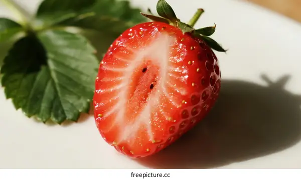 Fresh Juicy Red Strawberry with Green Leaf on White Plate