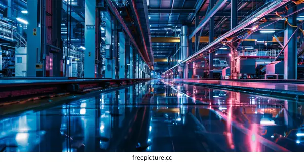 Workshop interior with blue and purple lights reflecting off the floor