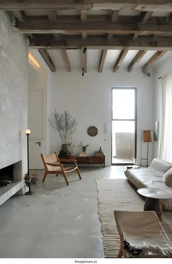 Minimalist Living Room With Exposed Wooden Beams