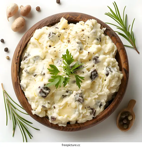 Bowl of mashed potatoes with mushrooms