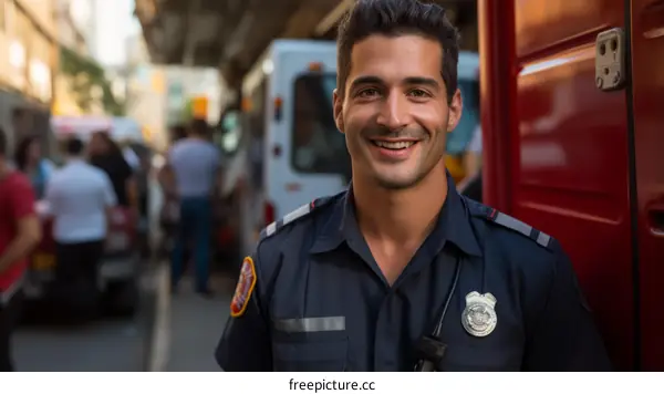 Portrait of a smiling firefighter in front of a fire truck