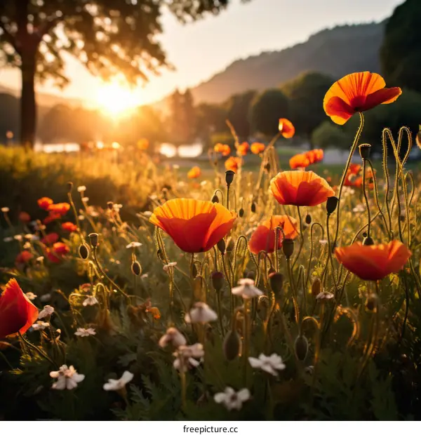 Field of red poppies at sunset
