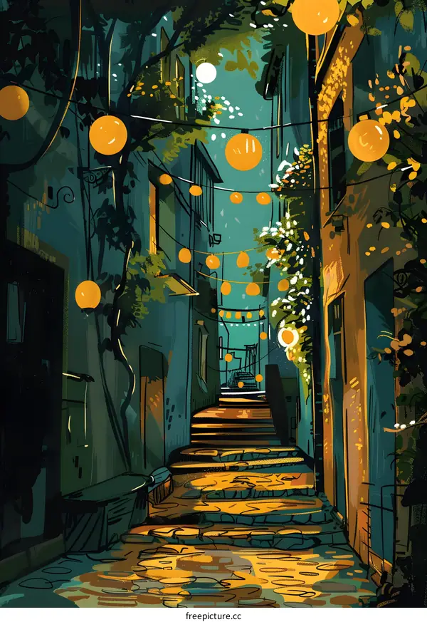 Night View of a City Alleyway with String Lights