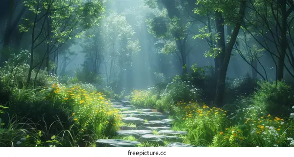 Fantasy Forest Path Bathed in Sunlight