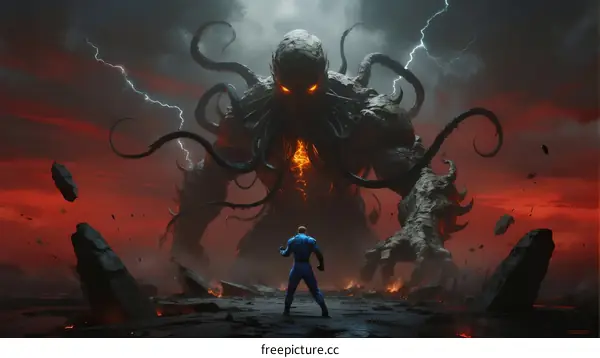 Giant tentacled monster with glowing eyes facing human in dark stormy sky