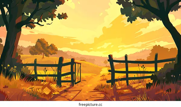 Open Wooden Gate leading to a Pathway in a Rural Landscape with Rolling Hills and a Sunset Sky