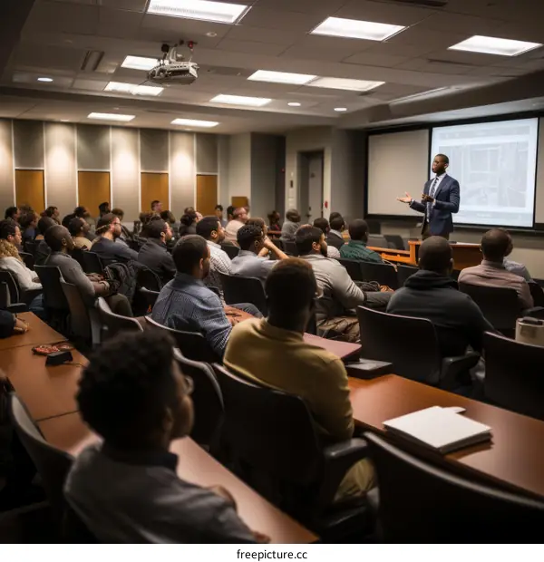 Black male professor giving a lecture to a class of mostly black male students