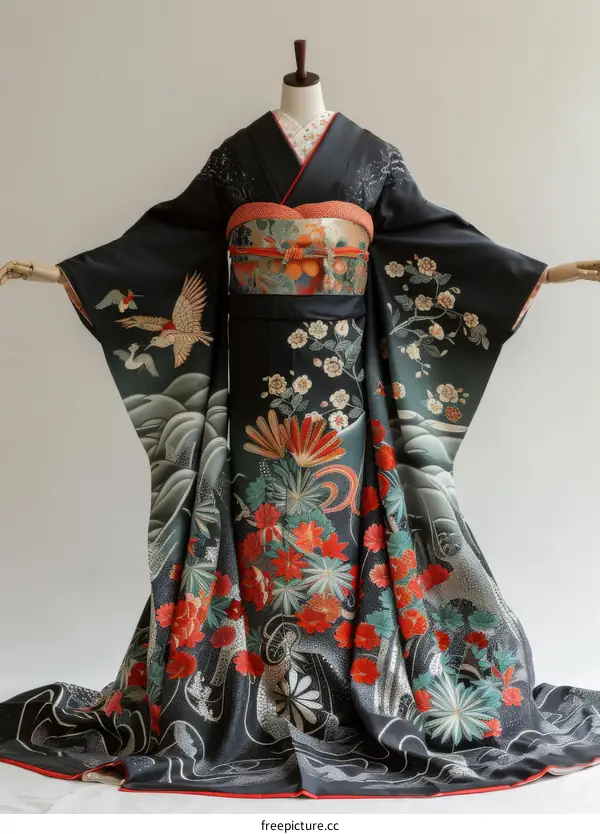 Japanese maiko posing in black furisode kimono