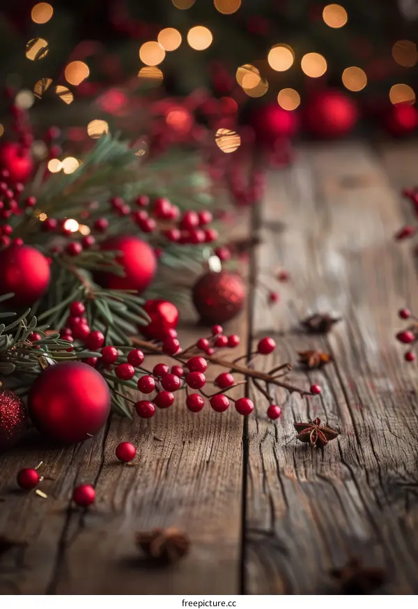 Red and Green Christmas Ornaments on Wooden Table
