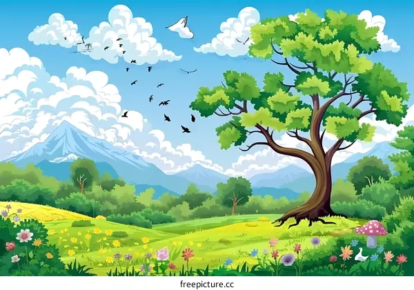 Green Landscape Illustration with Mountains and Birds