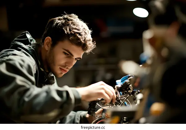 Young Man Fixing a Bicycle in a Workshop