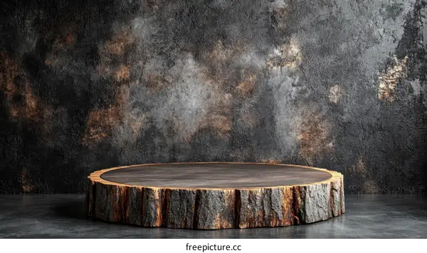Dark Wood Slice Display Stand Against a Textured Wall