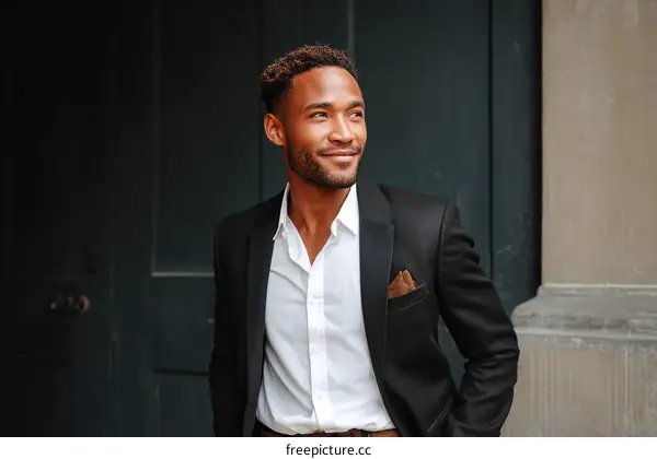 Stylish African Man in a Black Suit Outdoor Portrait