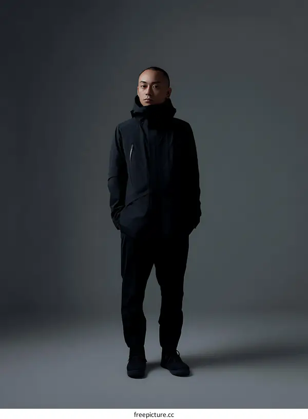 Stylish Asian Man in Black Jacket and Trousers