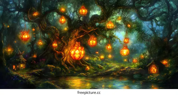 Magical Forest With Glowing Lanterns and Fairy Houses