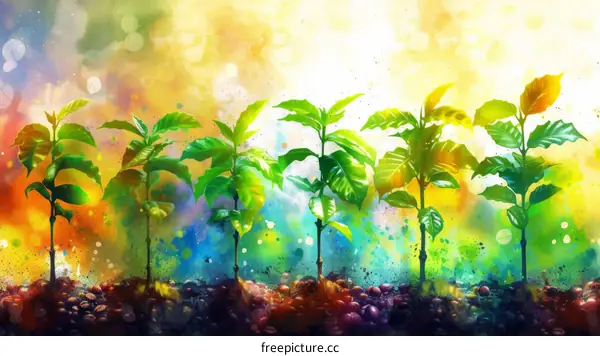 vibrant painting of coffee plants growing in rich soil