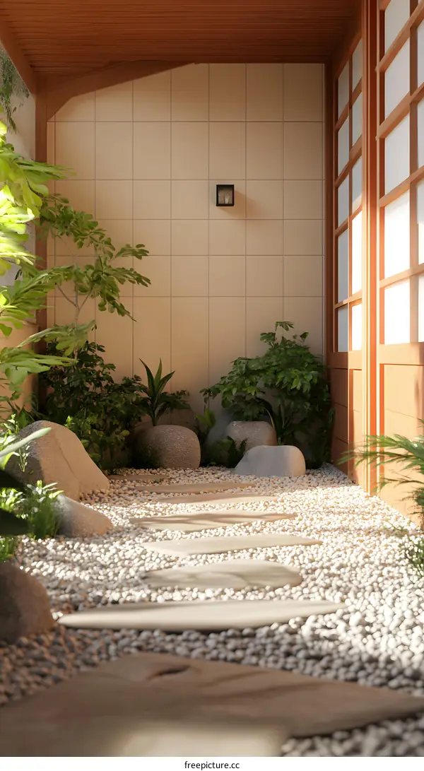 Japanese Zen Garden with Stone Pathway and Plants